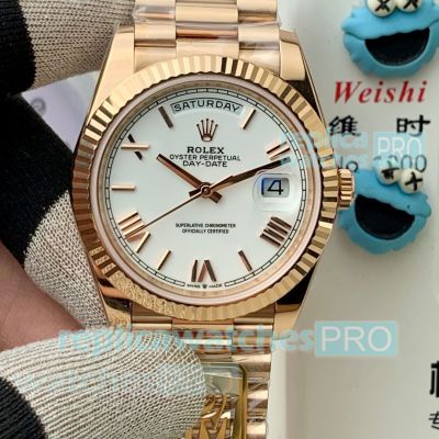 PPM Swiss Replica Rose Gold Rolex Day-Date II Gain Weight White Roman Dial Swiss 3255 Watch 